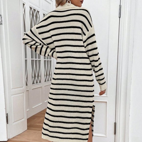 Black & White Boho Womens Stripe Pattern Drop Shoulder Split Thigh Sweater Dress - Picture 3 of 7